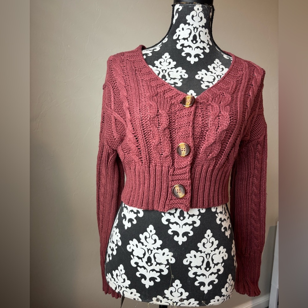 Cable Knit Button-Up Sweater - Burgundy